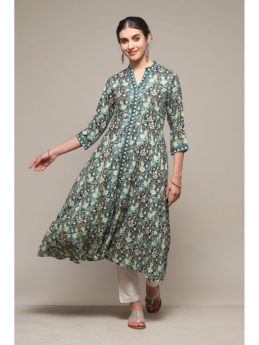 Buy Biba Bottle Green Rayon A-line Printed Dress Online