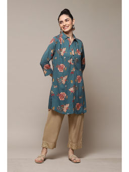 Biba - Teal Rayon Straight Printed Kurti