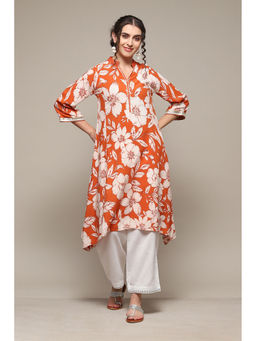 Biba - Burnt Orange Rayon Straight Printed Kurta