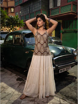 The Suitable - Brown Kashish Pure Cotton Printed Halter Smocked Back Top
