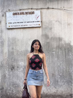 The Suitable - Black Zevar Pure Cotton Printed Halter Crop Top