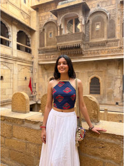 The Suitable - Navy Blue Zevar Pure Cotton Printed Halter Crop Top
