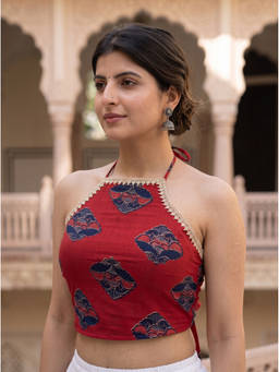 The Suitable - Red Zevar Pure Cotton Printed Halter Crop Top