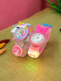 Stol'N - Unicorn & Butterfly Designed with LED Analogue Wrist Watch-Pink (Pack of 2)