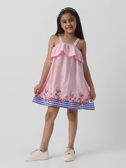 Nautinati - Girls Pink Butterfly and Floral Printed Cotton Satin Sleeveless Frock