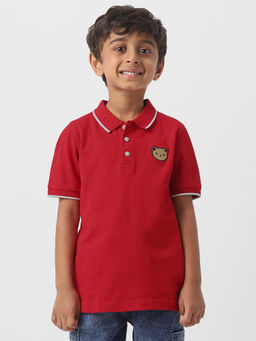 Nautinati - Red Boys Cotton Bear Badge Detail Polo T-Shirt