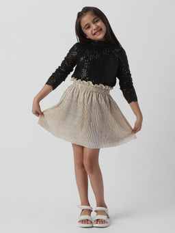 Nautinati - Black Girls Frilled Neckline Stylised Sleeve Sequin Top and Skirt (Set of 2)