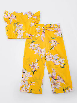 Nautinati - Girls’ Yellow Floral Print Cotton Ruffle Sleeve Top and Pant (Set of 2)