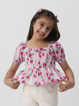 Nautinati - Pink Girls Floral Print Puff Sleeve Fit and Flare Top