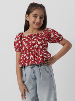Nautinati - Girls Floral Print Puff Sleeve Fit and Flare Top