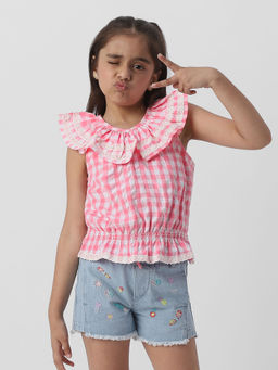 Nautinati - Pink Girls Cotton Peter Pan Collar Sleeveless Gingham Checks Top