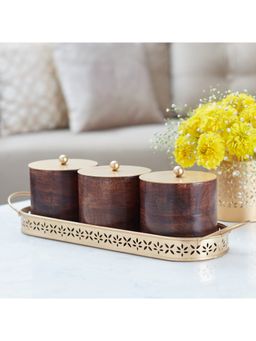 HomeTown - Nelumbra Metal and Wood Snack Serving Set in Gold & Brown Colour