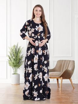 Quira - Women Viscose Printed Navy Blue Maternity Nighty