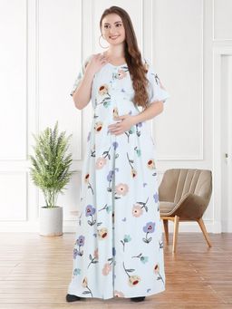 Quira - Women Viscose Printed Blue Maternity Nighty