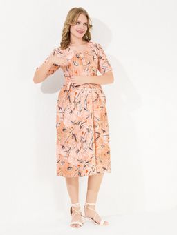 Quira - Knee-Length Long Orange Maternity Dress