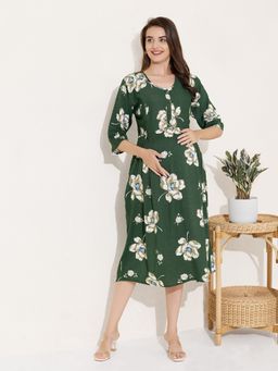 Quira - Women’s Pure Cotton Printed Green Maternity Dress