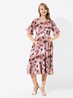 Quira - Knee-Length Long Pink Maternity Dress