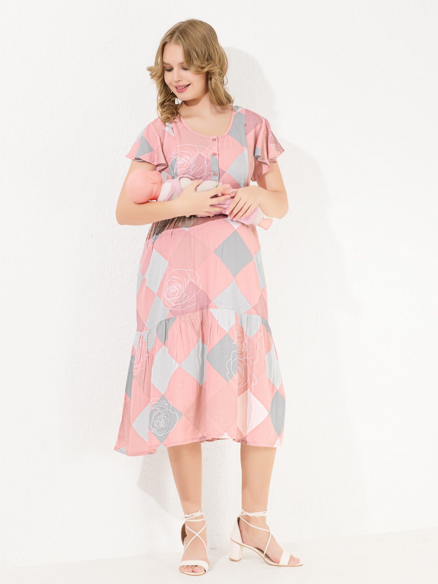 Knee-Length Long Pink Maternity Dress-image-3