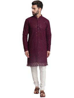 Treemoda - Designer Wine Georgette Chikankari Kurta With Churidar Pyjama For Men (Set of 2)