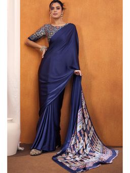 Mysilklove - Womens Bluebells Ajrakh Printed Satin Silk Saree & Unstitched Blouse