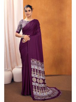Mysilklove - Womens Cosmic Purple Ajrakh Printed Satin Silk Saree & Unstitched Blouse