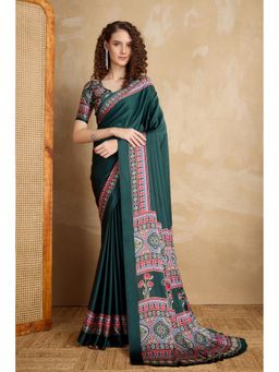 Mysilklove - Womens Kaitoke Green Ajrakh Printed Satin Silk Saree & Unstitched Blouse