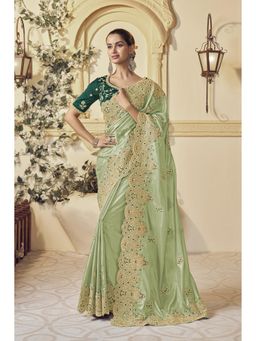 Suha - Womens Premium Ethnic Embroidered Pista Green Saree with Unstitched Blouse