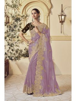 Suha - Womens Premium Fashion Ethnic Embroidered Lavender Saree with Unstitched Blouse