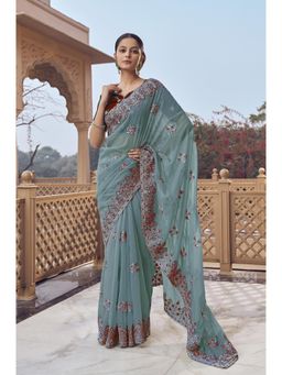 Suha - Womens Premium Ethnic Embroidered Turquoise Saree with Unstitched Blouse