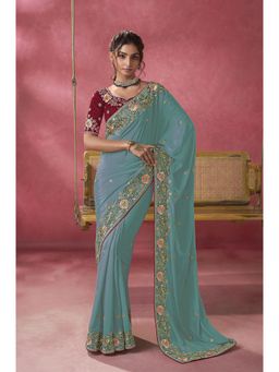 Suha - Womens Premium Ethnic Embroidered Turquoise Saree with Unstitched Blouse