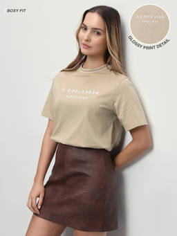 U.S. POLO ASSN. - Women Beige Printed Cotton T-Shirt