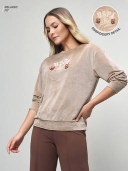 U.S. POLO ASSN. - Beige Women Brand Floral Embroidered Relaxed Fit Sweatshirt