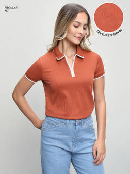 U.S. POLO ASSN. - Women Textured Vertical Striped Regular Fit Polo Shirt