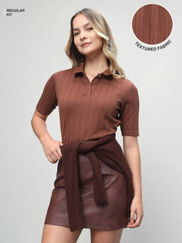 U.S. POLO ASSN. - Women Textured Vertical Striped Regular Fit Polo Shirt