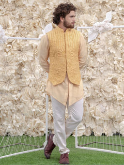 Runit Gupta - Cream Handquilted Silk Half Jacket