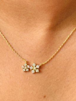 LuxeVogue - 925 Sterling Silver 18K Gold Plated Twin Flower White Stone Pendant Necklace