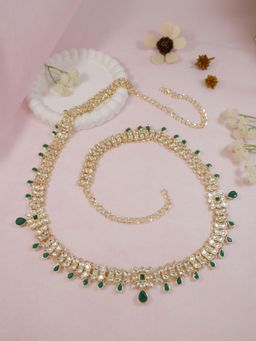 I Jewels - Gold-Plated Green and White Kundan Studded and Beaded Kamar bandh