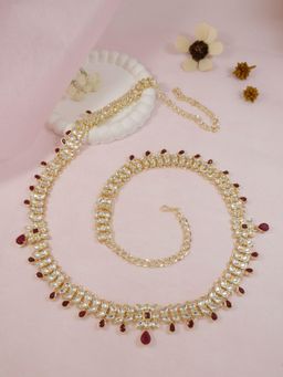 I Jewels - Gold-Plated Maroon and White Kundan Studded and Beaded Kamar bandh