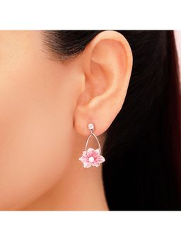 Zavya - 925 Sterling Silver Pink Floral Rhodium-Plated Drop Earrings