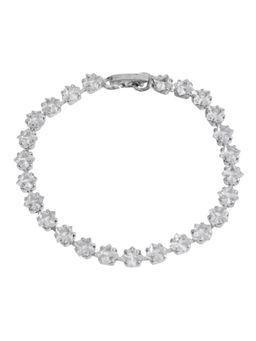 Silvermerc Designs - White Stone Silver-Plated Round AD Floral Tennis Bracelet