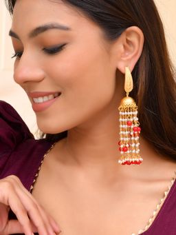 Silvermerc Designs - Red Stone Jhumkas Pearl Tassels Earrings