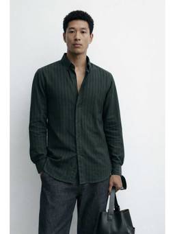 MISCHIEF MONKEY - Linen Stripe Shirt Green