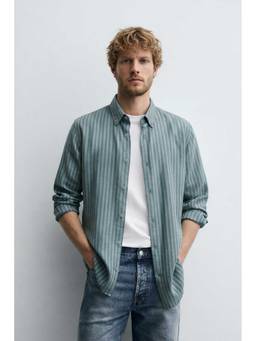 MISCHIEF MONKEY - Linen Stripe Shirt Turquoise