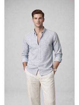 MISCHIEF MONKEY - Linen Stripe Shirt Blue