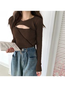 Outzidr - Brown Flat Wrap Cut Out Top