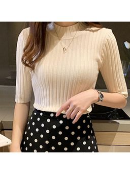 Outzidr - Beige High Neck Knit Top