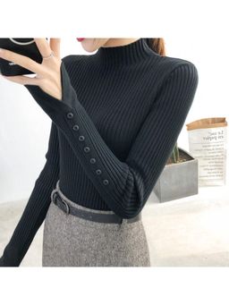 Outzidr - Black High Neck Top With Sleeve Buttons