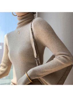 Outzidr - Beige Turtle Neck Flat Knit Top