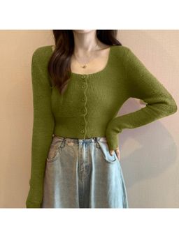 Outzidr - Green Scoop Neck Flat Knit Top