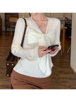 Outzidr - Cream Flat Knit With Bow Top